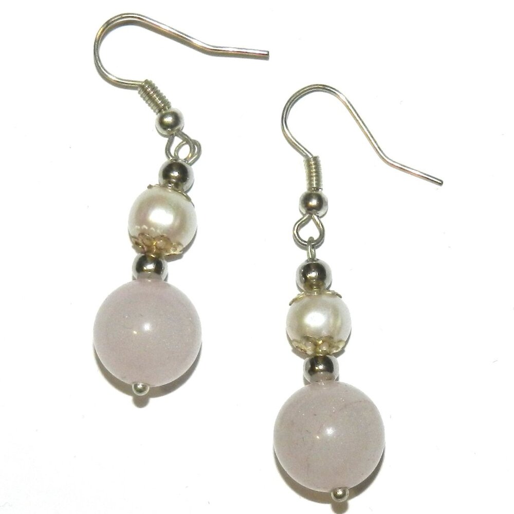 Light Pink Malay Jade & White Pearl Silver Fishhook Dangle Earrings E412